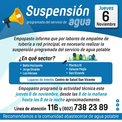 Suspensión programada del servicio jueves 6 de noviembre