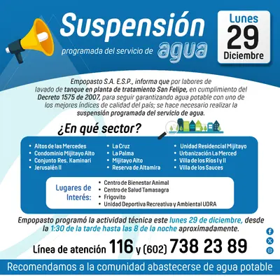 Suspensi&oacute;n del servicio este lunes 29 de dic